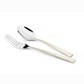 Stainless steel fork and spoon with cream patterned handles displayed on a clean white background.